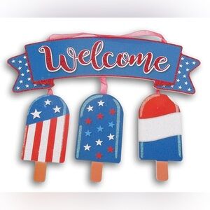 4th of July Wooden Patriotic Popsicles Welcome Hanging Sign with Popsicles NWT